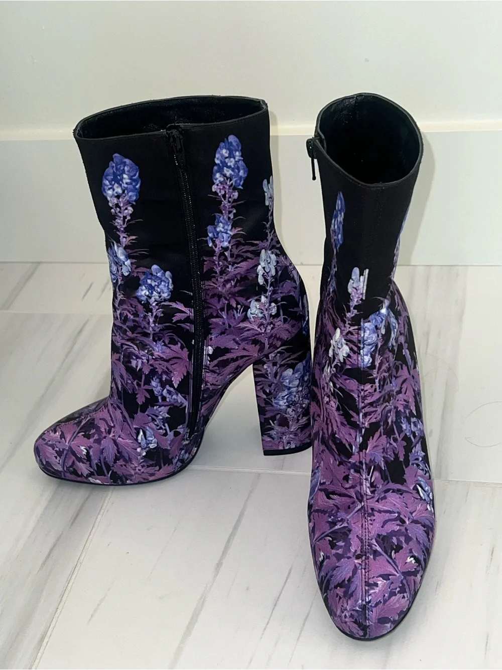 Dries Van Noten Black & Purple Floral Block-Heel Ankle Boots-LIKE NEW